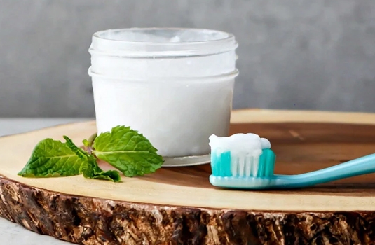 Homemade toothpaste with soda, diatomaceous earth, white clay and sage