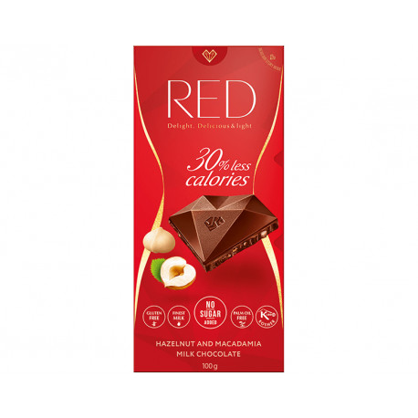 Milk chocolate with hazelnut and macadamia, no added sugar, Red, 100 g